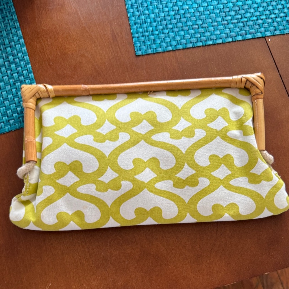 Lime Patterned Canvas Clutch with Bamboo Frame